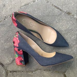 Embroidered stacked denim heel size 10